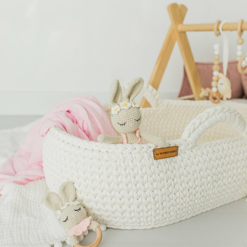 Crochet Bunny Doll and Rattle in Baby Bassinet. 